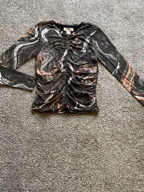 Bailey 44 Black Swirl Mesh Ruched Long-Sleeve Top with Peach Accents